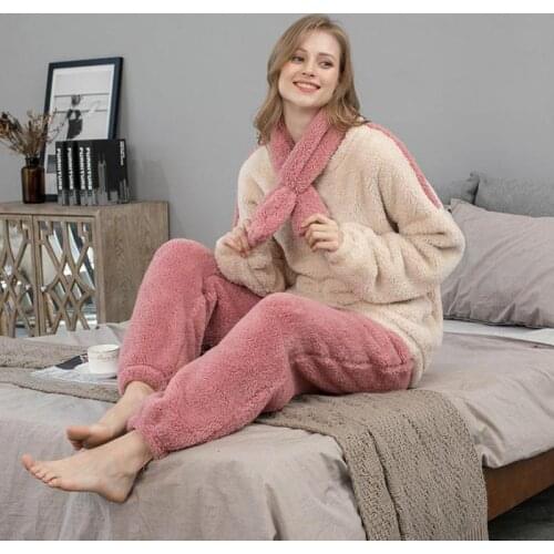 Autumn Winter Female Coral Velvet Pajamas Suit Pyjamas Set Bathrobe Comfortable Cotton Loose Korean Style Long Sleeve Top Pants