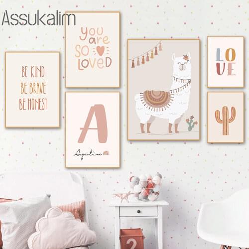 Baby Custom Name Poster Alpaca Cactus Picture Abstract Boho Kids Wall Art Canvas Print Nordic Wall Paintings For Baby Room Decor