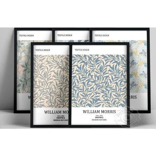 William Morris Exhibition Poster, Vintage Morris Flower Leaf Wall Painting, Fabric Textured Background Wall Art, Bedroom Decor