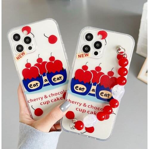 Wrist Chain Case for iPhone 12 Pro Max 7 8 Plus SE XR XS Max SE 20 Shockproof Cases Cute Cherry Chain Hanging Case for iPhone 11