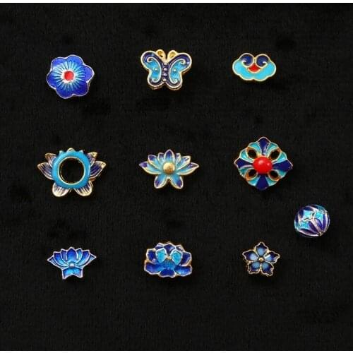 Alloy Imitation Cloisonne Burnt Blue Lotus Butterfly Auspicious Cloud Handmade DIY Hairpin Tassel Necklace Accessories