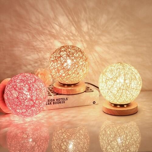 Modern Led Table Lamp USB Solid Wood Rattan Ball Decoration Creative Birthday Gift Night Light