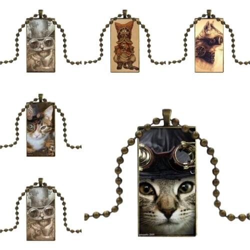 Steampunk Cat Vintage Jewelry Bronze Color Glass Cabochon Choker Pendant Long Rectangle Necklace For Women Kids