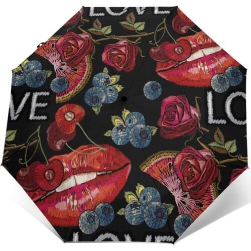 Wind Resistant Folding Automatic Auto Embroidery Lips Watermelon Cherry And Bilberry Windproof Umbrellas Rain For Men Parasol