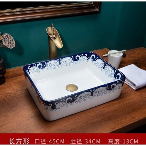 Vintage blue flower porcelain table basin rectangular Chinese ceramic washbasin hotel bathroom washbasin household