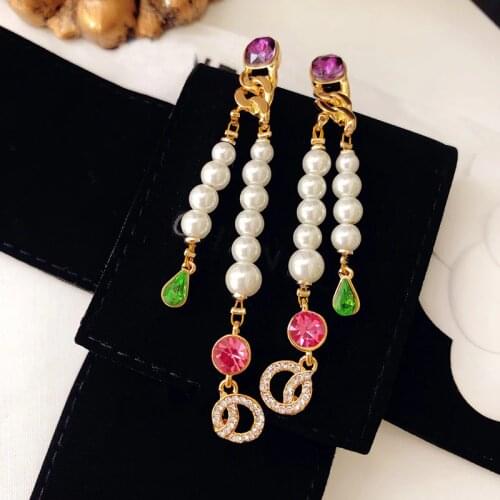 Premium color diamond with pearl double C pendant, socialite quality earrings with 925 silver needles