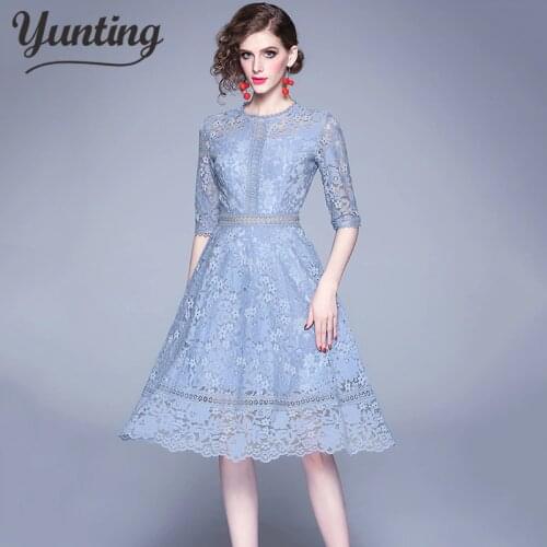 Women 2020 Summer Dresses Hollow Out Women Half Sleeve Floral Crochet Casual Pink Blue Lace Dress Femininas Vestidos