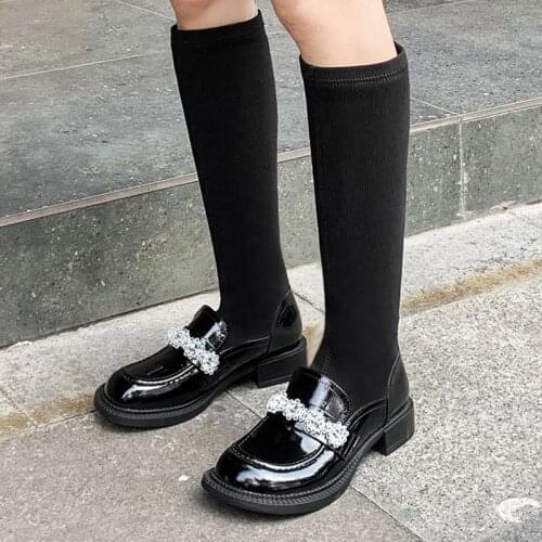 Black Sexy Retro Genuine Leather Knee High Boots Diamond Thick Heels Pumps Autumn Winter Newest Party Dancing Shoes Woman