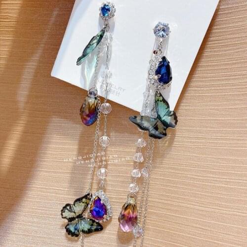 Fashion Korean Colorful Sparkles Butterfly Long Tassel Pearl Drop Earrings For Women Waterdrop Crystal Beautiful Holiday Jewelry