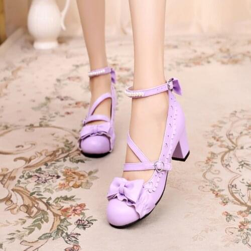 Japanese Lolita Sweet Bow Lace Pearl Round Head Thick Heel Cute Student Shoes Bowknot Princess Kawaii Girl Women Shoes Vintage