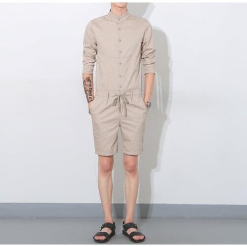 Mens Overalls Cotton Blend Stand Collar Short Sleeve Jumpsuit Romper Casual Shorts Knee Length