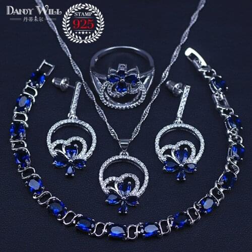 Israel Style Blue Cubic Zircon Silver Color Jewelry For Women Bracelets Costume Jewelry Set Romantic Present For Women