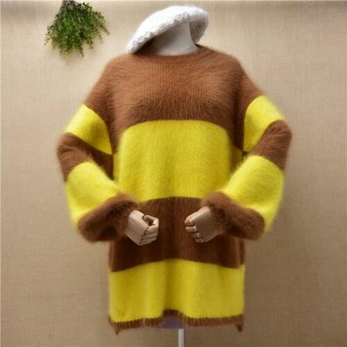Female women fashion striped winter thick mink cashmere knitted long lantern sleeve loose oversized pullover angora fur sweater