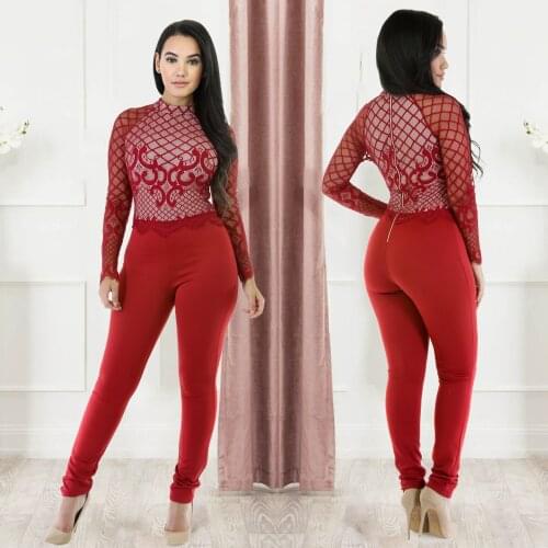 Red Office Lady Rompers Elegant Women Long Sleeve Mesh Lace Patchwork Mock Neck Bodycon One Piece Jumpsuit Work Out Outfits