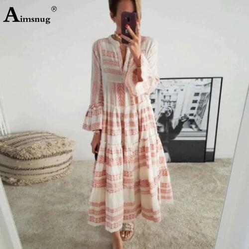 Plus size 3XL Ladies Elegant V-neck Dress Patchwork Color Boho Print Party Dresses 2021 Women Flare Sleeve Vintage Madi Dress