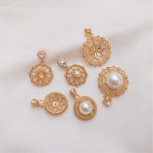 14K Gold Filled Zircon Eight Star Lace round half hole pearl pendant DIY crystal pearl necklace empty bracket