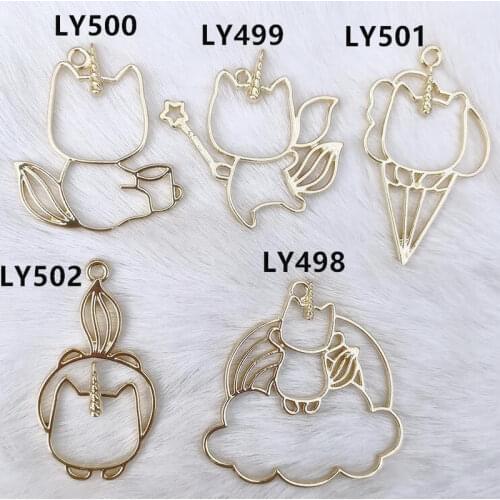 5pcs Unicorn Flying Cat Animals Hollow Metal Frame Jewelry Findings Pendant Accessory DIY Charms Handmade Bezels UV Resin Craft