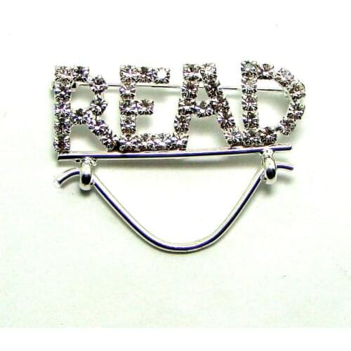New silver color rhinestone READ custom words eyeglasses holder pin brooch fashion ornament jewelry accessories 6pcs lot