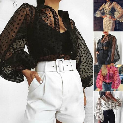Hirigin Women Polka Dot Retro Blouse Lady Early Autumn Modern Mesh Shirt Vogue See-through Loose Button Puff Sleeve Blouse