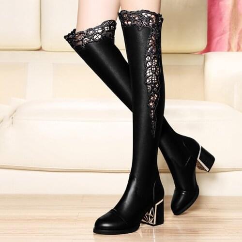 Over The Knee Boots Women Lace Black Block Heel Shoe Long Leather Boots Ladies High Heel Shoes Over Knee Boot Botte Lacet Femme