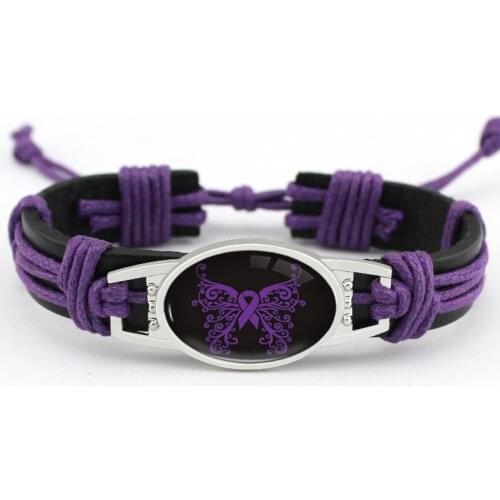 Breast Cancer Butterfly Purple Ribbon Bracelets Yellow Orange Pink Ribbon Leather Charm Bracelets Women Men Unisex Jewelry