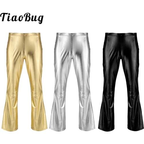 TiaoBug Adult Shiny Metallic Men Retro Disco Pants Long Flare Trouser Club Party Festival Rave Stage Ballroom Jazz Dance Costume