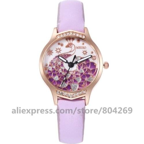 MEIBO Women Leather Peacock Diamond Watch Casual Luxury Ladies Quartz Analog Watches Clock 920439