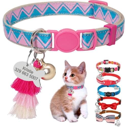 Quick Release Personalized Cat Collar Engraved Name ID Tag Collar Adjustable Cute Custom Kitten Collars For Small Dogs Cats