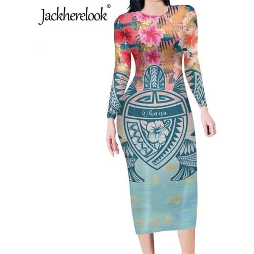 Jackherelook Women Long Sleeve Bodycon Dresses Hawaii Hibiscus Plumeria Turtle Print Office Ladies Tunic Pencil Dress for Ladies