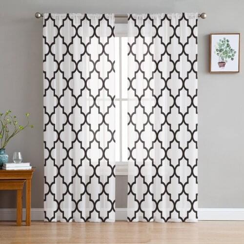 Classic White And Black Geometic Morocco Sheer Curtains for Living Room Bedroom Kitchen Tulle for Windows Voile Yarn Curtains
