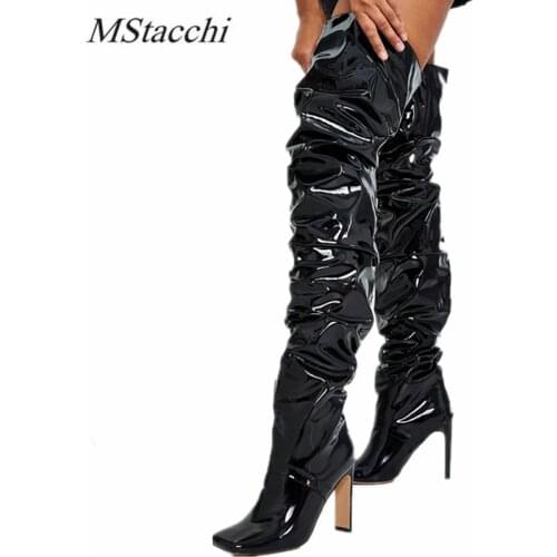 Mstacchi Classics Over-knee Botas Female Plush In Black Square Toe Chunky Heel Pleated Comfortable Shoes Winter Thigh High Boot