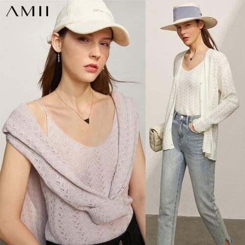 Amii Minimalism Spring New Womens 2Pcs Set Causal Solid Hollow WomensTank Fashion Single Breasted Loose Womens Coat 12170019