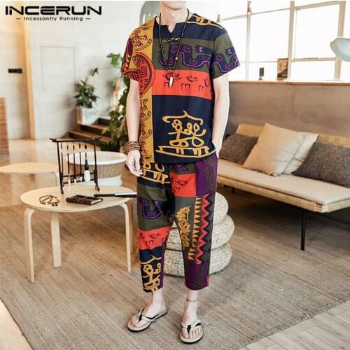 INCERUN Men Sets Vintage Ethnic Printed Retro Short Sleeve T Shirt Casual Pants Loose Streetwear Men Clothes 2 Pieces Plus Size