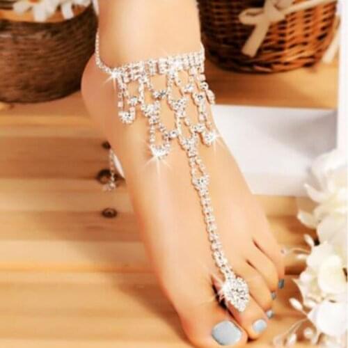 New Chic Luxury Crystal Rhinestone Bradals Beach Ankle Anklets Barefoot Sandals Toe Ring Anklets On Leg Foot Jewelry for women