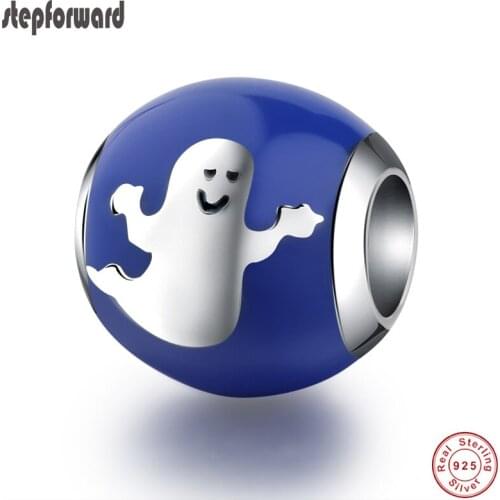 Top Quality Popular Cool Hallowmas Series Jewelry Blue Enamel 925 Real Silver Hallowmas Ghost Charm Fit Bracelet And Necklace