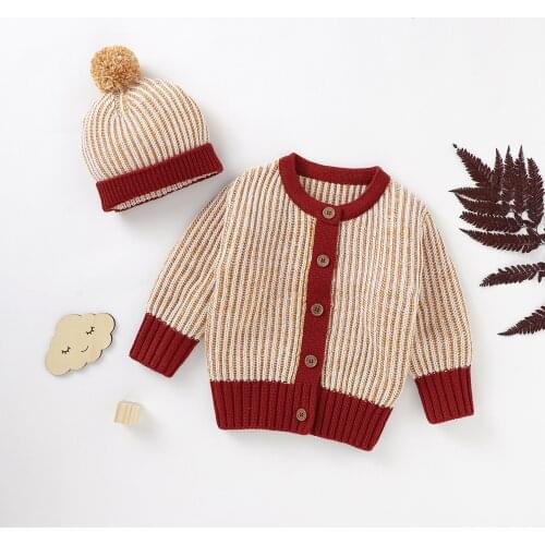 Autumn Winter Warm Toddlers Sweaters Cardigan Baby Boys Girls Long Sleeve Single-breasted Knitted Outwear+Plush Ball Cap Coat