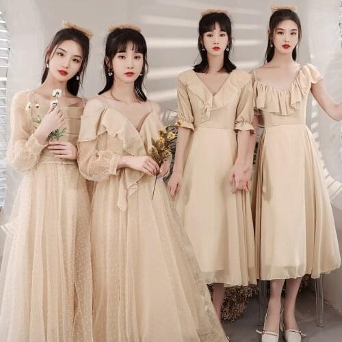 Bridesmaids Dresses Illusion V-Neck Short Tulle Lace A-Line Spaghetti Straps Knee-Length Champagne Women Wedding Party Gown E753