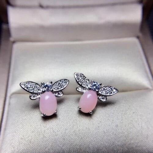 Lovely Bee Ring Natural and real Pink opal Earring 925 sterling silver Fine jewelry