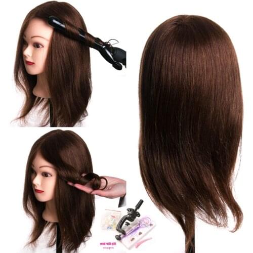 Professional Mannequin human hair head dolls for hairdressers 16'' brown Black training head can be curled with gift
