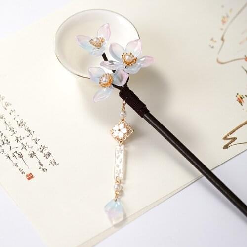 FORSEVEN New Retro Chinese Style Hairpins Clips Flower Pearls Long Tassels Handmade Wooden Hair Fork Women Girls Hair Sticks