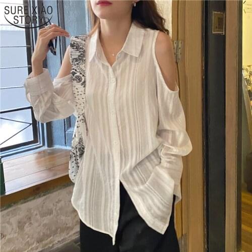 Single Breasted Long Sleeve Womans Shirts Blusas Korean Style All-match Off-Shoulder Blue Autumn Fashion Women Blouses 10959