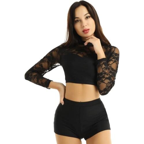 Women Two-piece Dancewear Round Neck Lace Long Sleeve Ballet Gymnastics Shorts with Crop Tops Set Adult Dance Costume Outfit