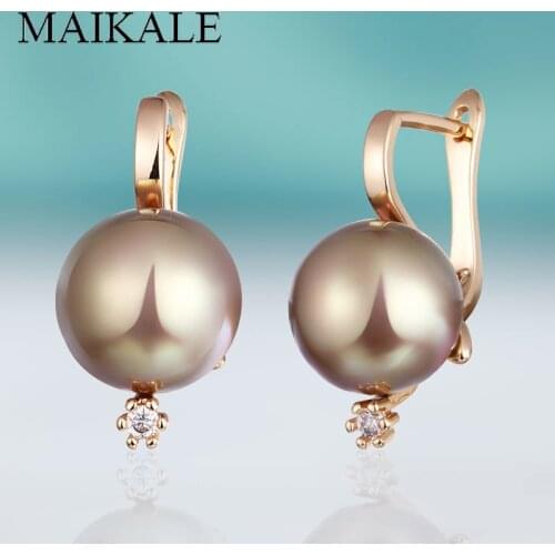 MAIKALE Classic Rose Gold Ball Earrings with Pearls Zirconia Silver Color Pearl Stud Earrings for Women Jewelry Accessories Gift