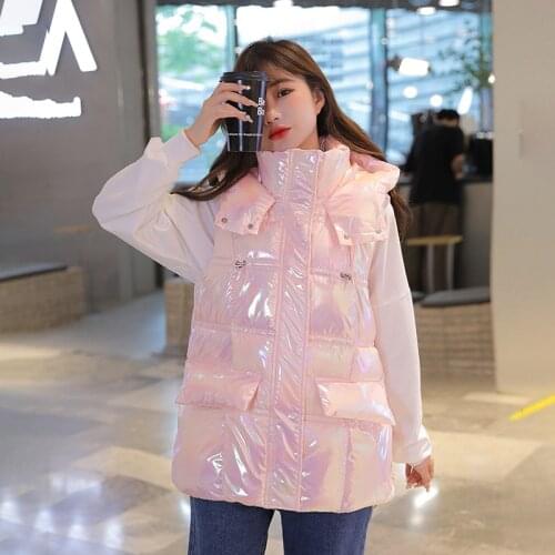 Laser Womens Winter Vest Hooded Loose Pockets Ladies Causal Sleeveless Jacket Zipper Warm Puffer Vests Waistcoat for Female