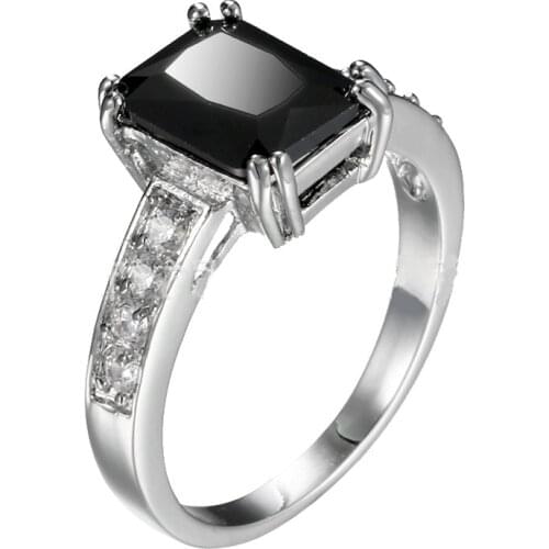 Genuine Silver Color Ring with Black Cubic Zirconia For Women with stamp Wedding diamante Jewelry size 6-7-8-9-10