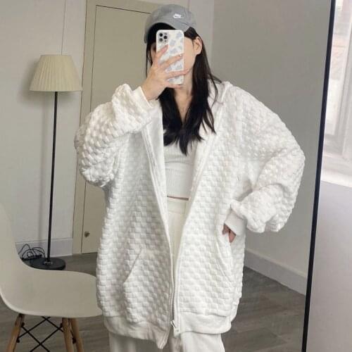 Women Solid Color Coat Zipper Open Front Loose Style Hooded Jacket, Black/ White