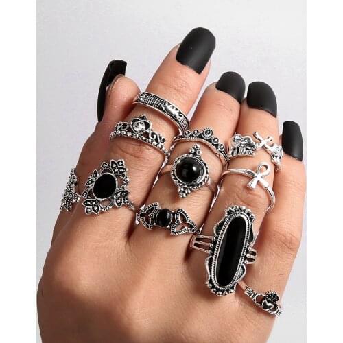 11 Pcs/Set Women Fashion Punk Elephant Crown Heart Lotus Crown Gem Crystal Silver Color Joint Stone Ring Lady Party Ring Set