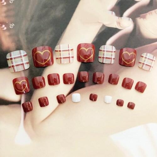 24 PCS False Toenails Patch Full Cover Red Wine Heart-shaped Plaid Glossy With Double-sided Sticker DIY Design Nail Toe Art Tool