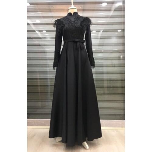 Satin Feather Muslim Prom Dress High Neck A Line Saudi Arabic Appliques Long Sleeve Evening Formal Party Gowns платье 2021