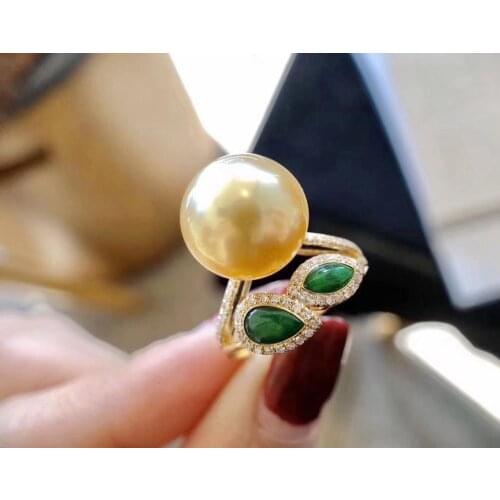 D327 Pearl Ring Fine Jewelry 925 Stelring Silver Natural 11-12mm Fresh Water Round Golden Pearls Females Rings